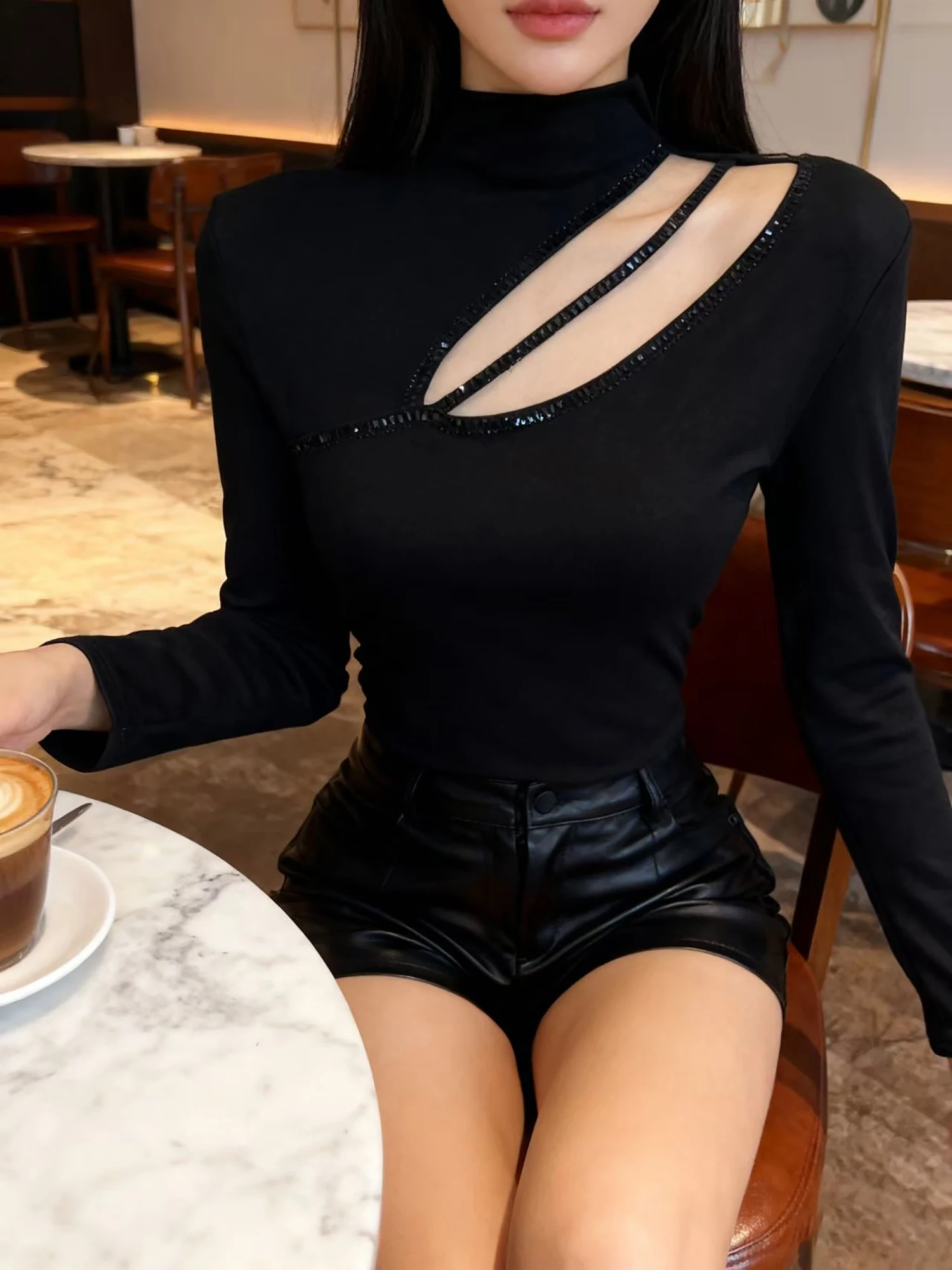 Preto, coreano, estilo, camiseta, chique, sexy, oco, brilhante, diamantes, miçangas, mulheres, tops, manga comprida, camisa de fundo, camisetas, 2026,5111704