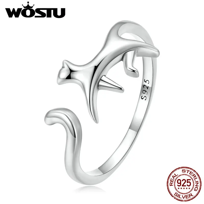 WOSTU 100% 925 Sterling Silver Simple Funny Cat Open Ring Trendy Animal Pet Silver Ring For Women Fine All-match Jewelry Gifts