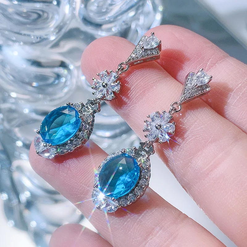 

Drop Earring for Women Sea Blue Creatd Topaz Gemstone 925 Silver Needle Fine Jewelry Fashion Party Dangle Ear Stud Accessories
