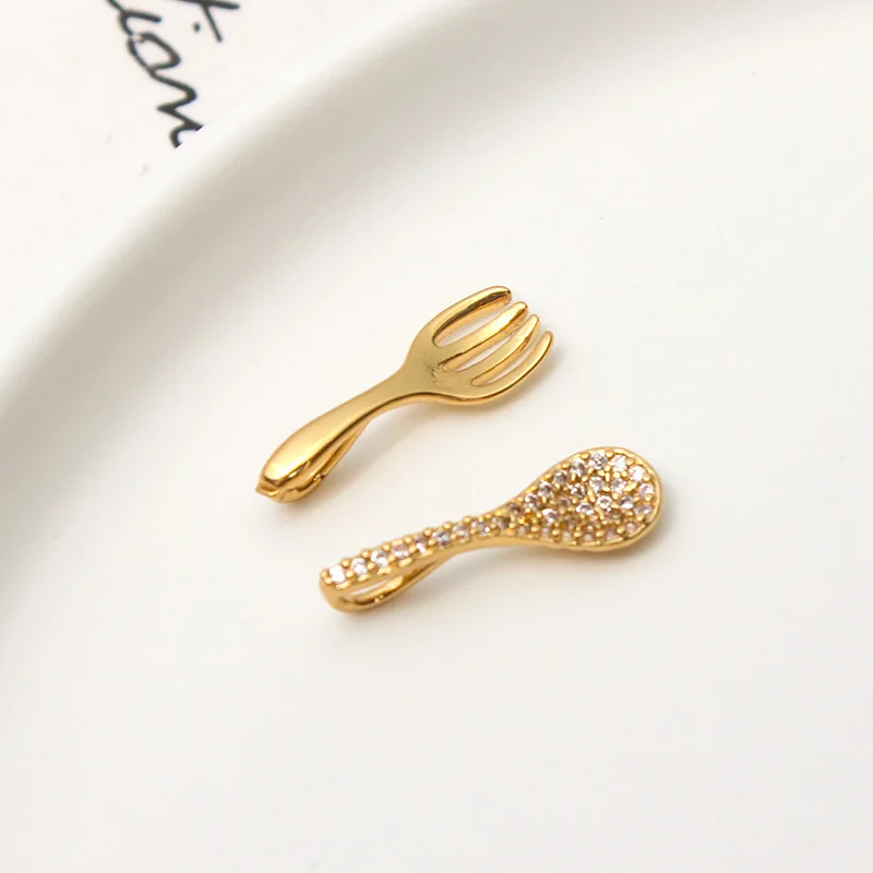 Color Retention Real Gold Plated Copper 20MM Zircon Fork Spoon Pendant Charms DIY Findings Jewelry Making Accessories