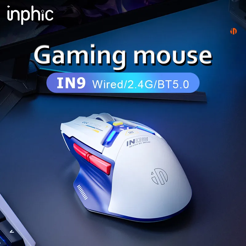 INPHIC IN9 Rechargeable RGB lighting wireless gaming mouse 10000DPI 6-button programmable three-mode Bluetooth optical mouse