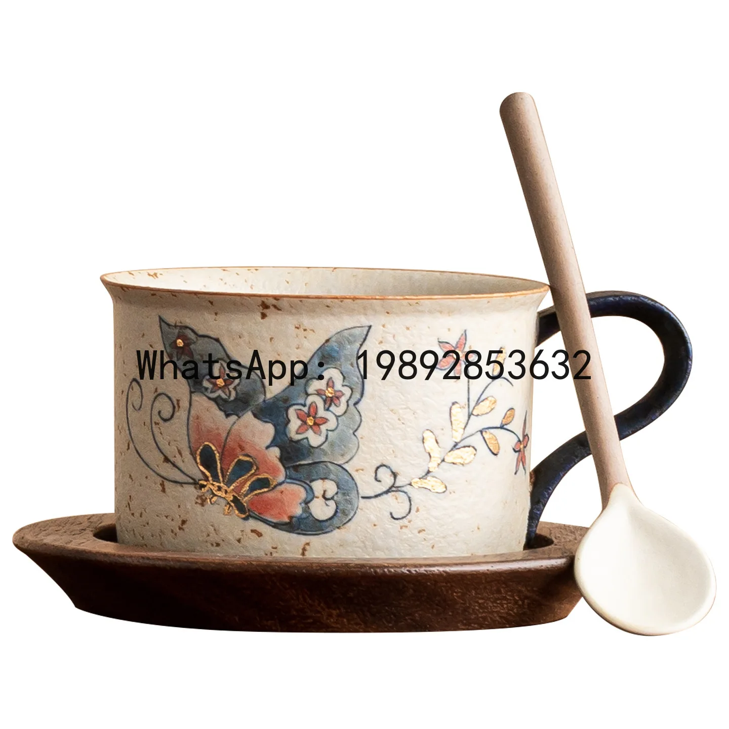 

X4-2 blue and white flint red coffee cup and saucer set butterfly love flower ceramic mug exquisite latte cup