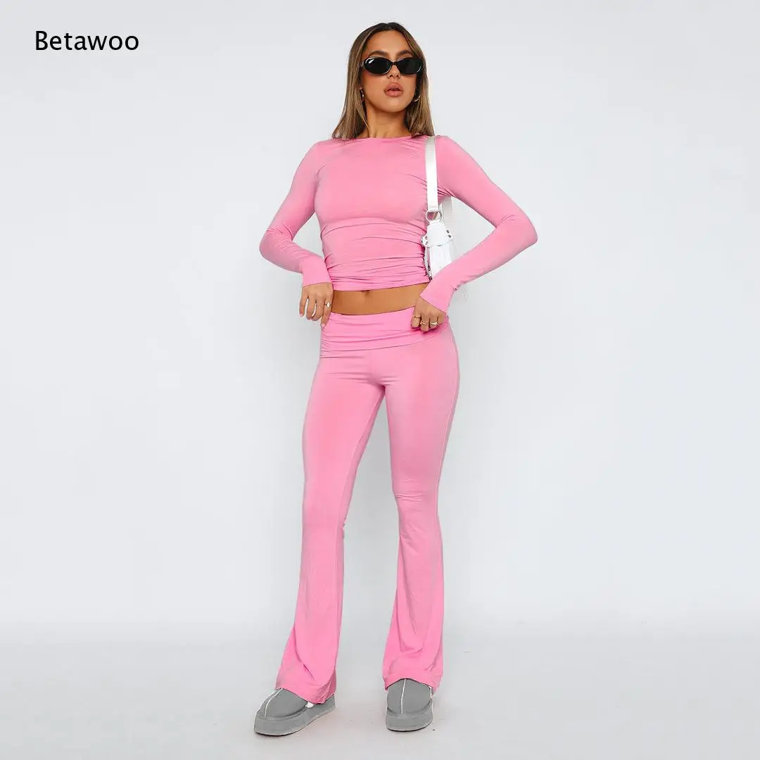 High Waist Textured Slim Fit Stretch Flared Pants Casual Daily Soft Trousers for Women