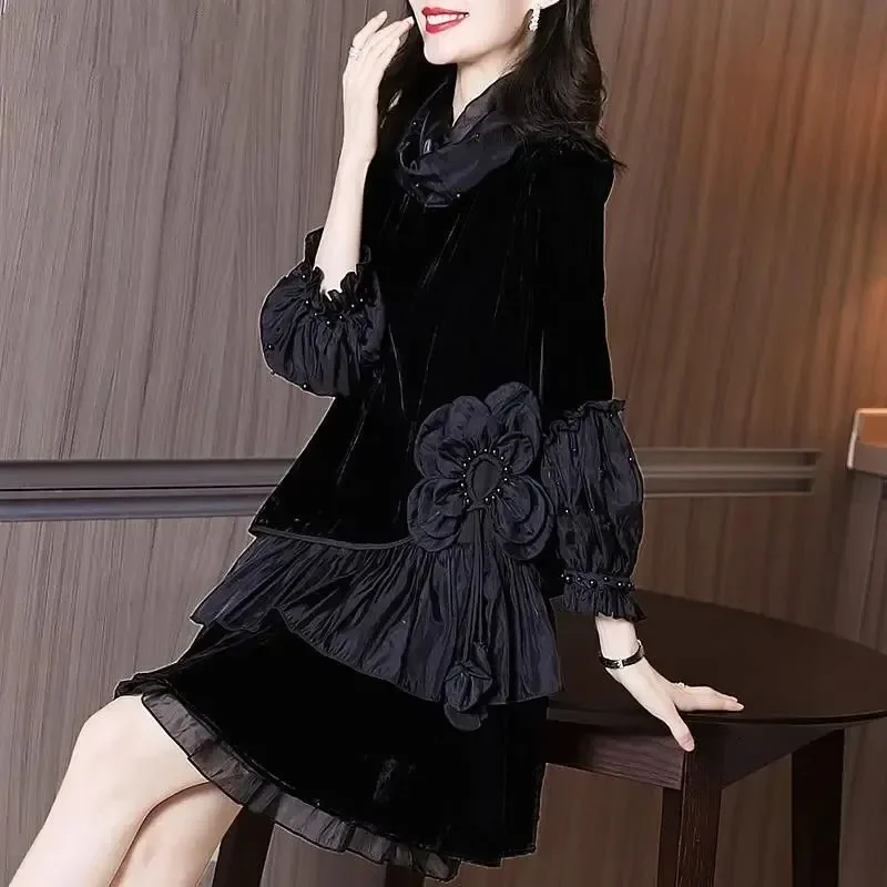 Elegant Women Spring Autumn Black Dresses Nail Bead Decoration Chinese Style Dress New Fashion Warm High Collar Mesh Lace Dress