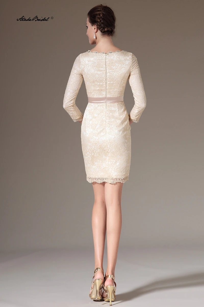 صور حقيقية فستان حفلة موسيقية قصير كم طويل فوق الركبة الشمبانيا الدانتيل فساتين أم العروس فساتين حفلات الزفاف 2026