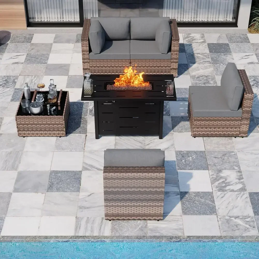5-Piece Outdoor Patio Furniture Set with Fire Pit, Brown Rattan Wicker Sofa with Grey Cushions, Suitable for Garden, Deck, Porch
