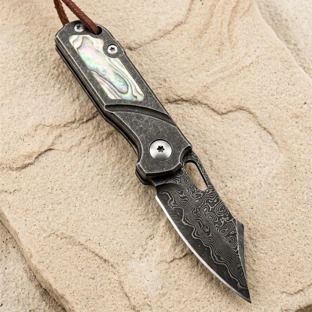 Damascus Pattern Steel Mini Pocket Knife, 420 Steel Frame with Mother‑of‑Pearl Inlay Handle, Portable Outdoor Utility EDC Knife