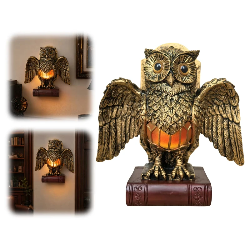Farmhouse Style Small Table Lamp With Golden Owl Farmhouse Bedside Night Light Retro Rustic Resin Lamp For Room Bedroom Office