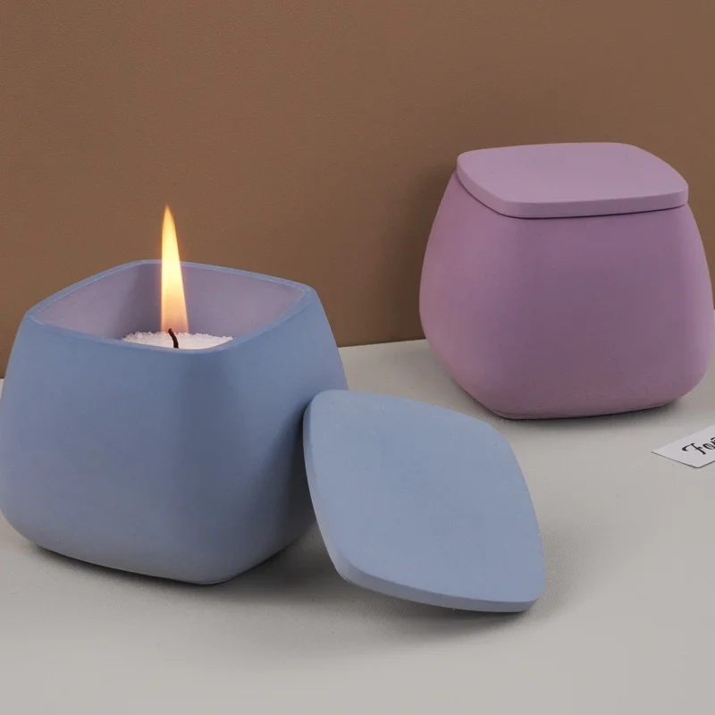 Tasse à bougie carrée avec couvercle, ciment carré, plâtre, moule en Silicone, bougeoir, pot de rangement d'ornement, moule en résine, décoration de la maison