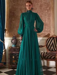 Gorgeous Green Chiffon High Neck Prom Dresses Puff Sleeves A-Line  Vintage Evening Gowns Formal Party Dresses Customized