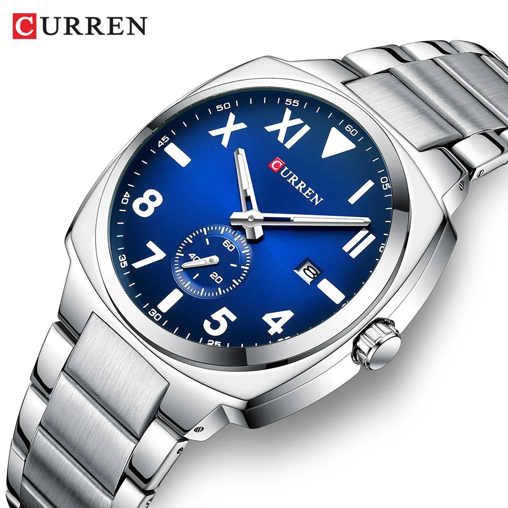 CURREN Men's Stainless Steel Minimalist Watches Fashion Square Dial with Sub-Second Simple Quartz Wristwatch for Casual Business