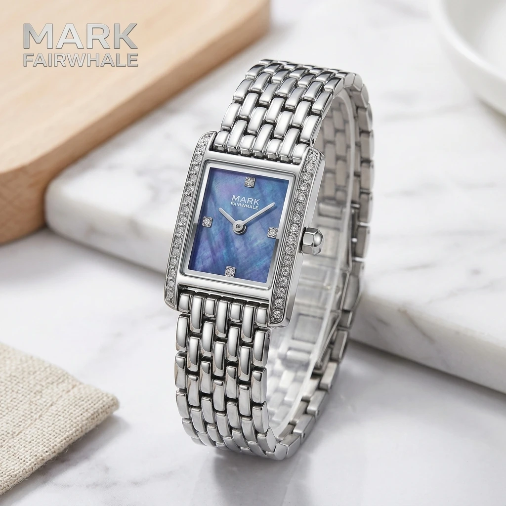 Mark Fairwhale Ladies Quartz Watch Rectangle Blue Mother of Pearl Dial Crystal Bezel Stainless Steel Bracelet Wristwatch