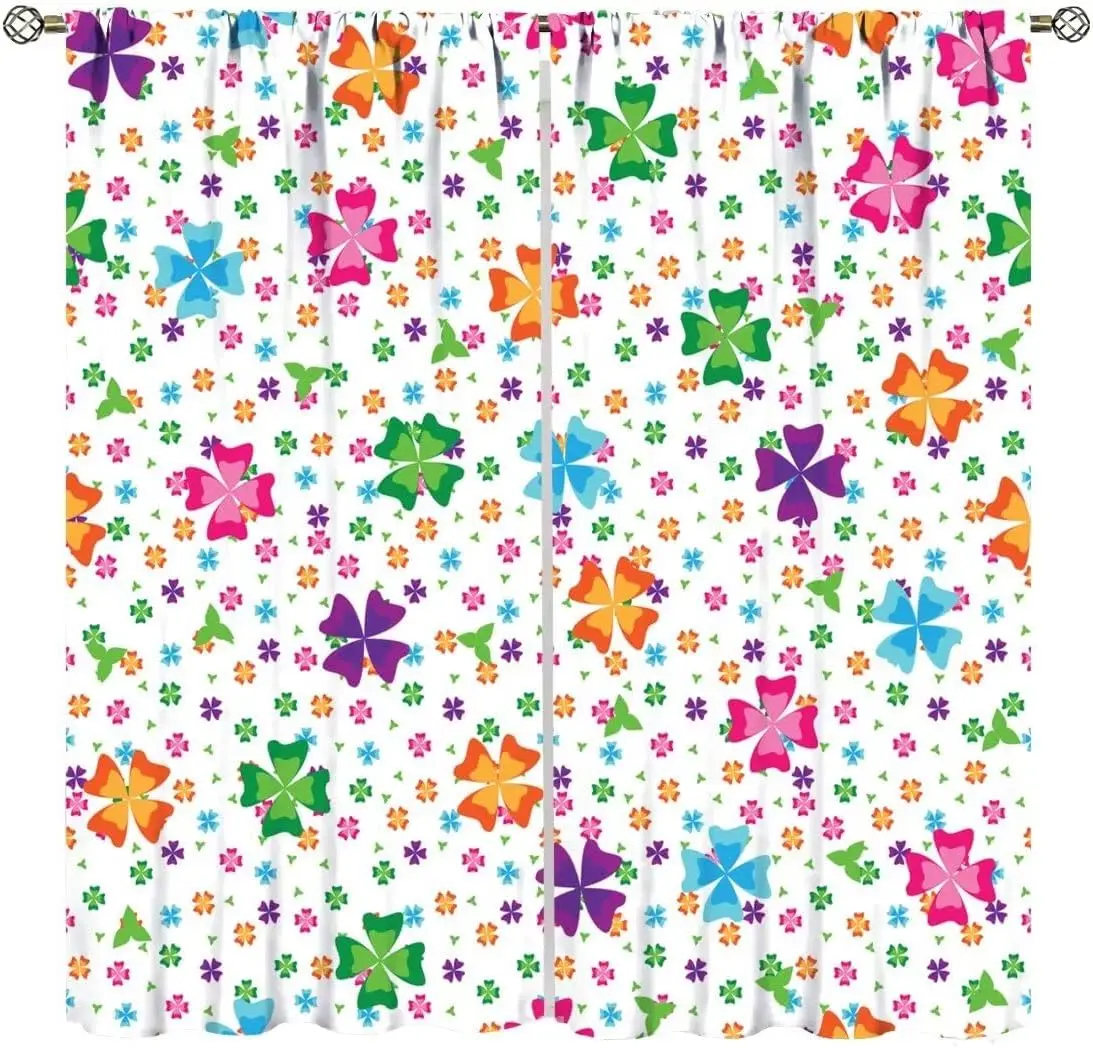 Colorful Four Leaf Clover Tiny Floral White Background Blackout Rod Pocket Curtain Fresh Cheerful Elegant Bedroom Rest Bay