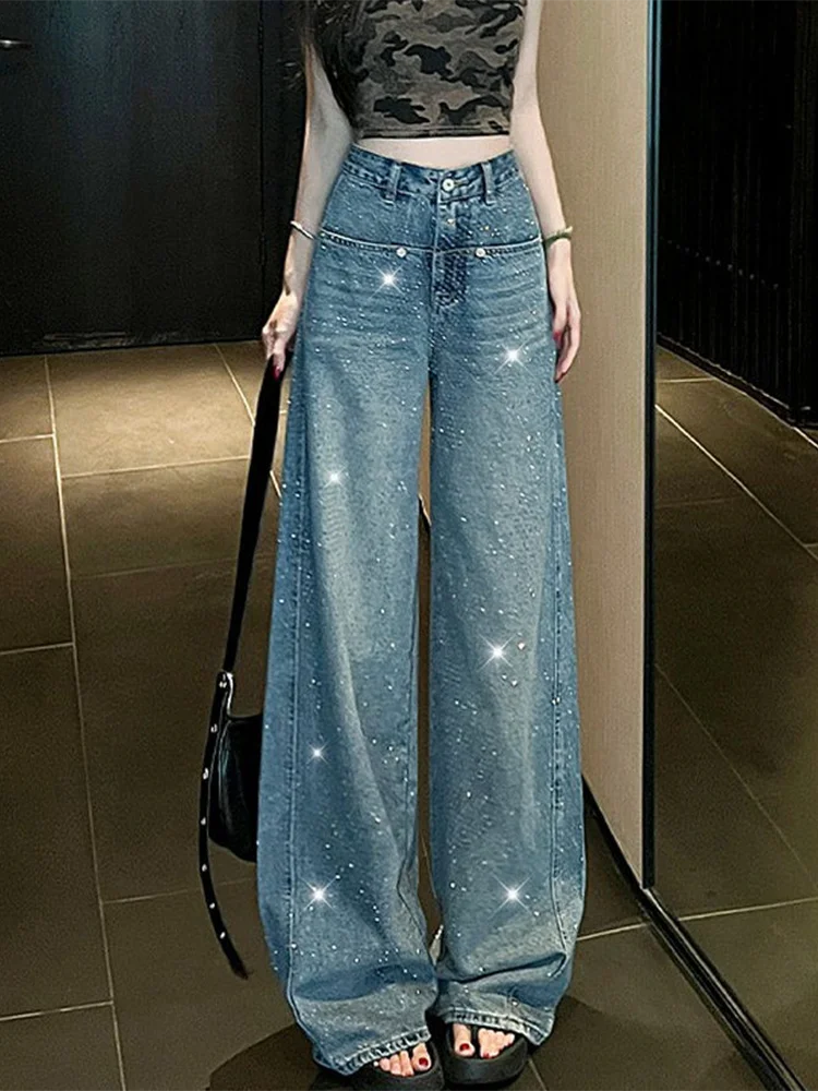 

Y2K Ретро цветные сверхпрочные джинсы женские с бриллиантами горячего тиснения широкие летние тонкие свободные брюки в пол