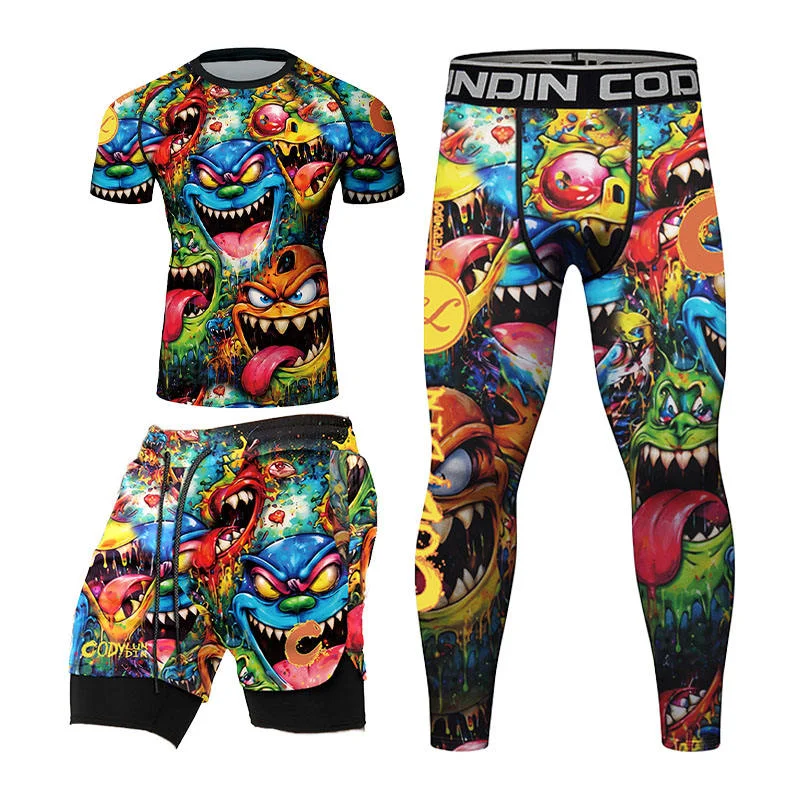 Men's 4PCS MMA BJJ Compression T-shirt + Fight Shorts Training Set Boxing Jiu Jitsu Rash Guard Leggings Boxeo Jerseys Sportsuit