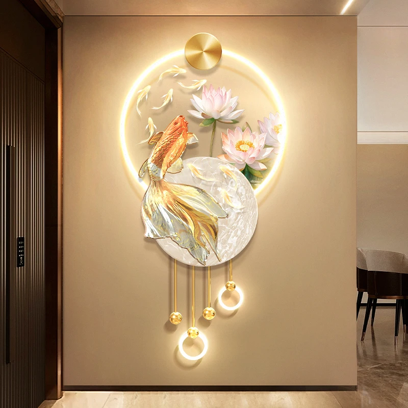 ตกแต่งบ้านปลา Koi Entrance ตกแต่งภาพวาด Lotus Corridor Corridor เก้าปลาภาพ Entrance Stereoscopic ภาพจิตรกรรมฝาผนังโคมไฟ