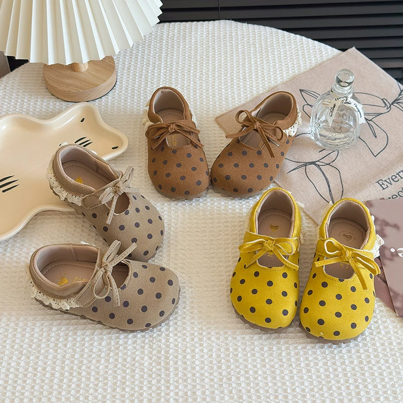 Girls Polka Dot Mary Jane Shoes Lace Trim Bow Tie Children Flats Casual Shoes Retro Style Suede Fashion Kids Performance flats