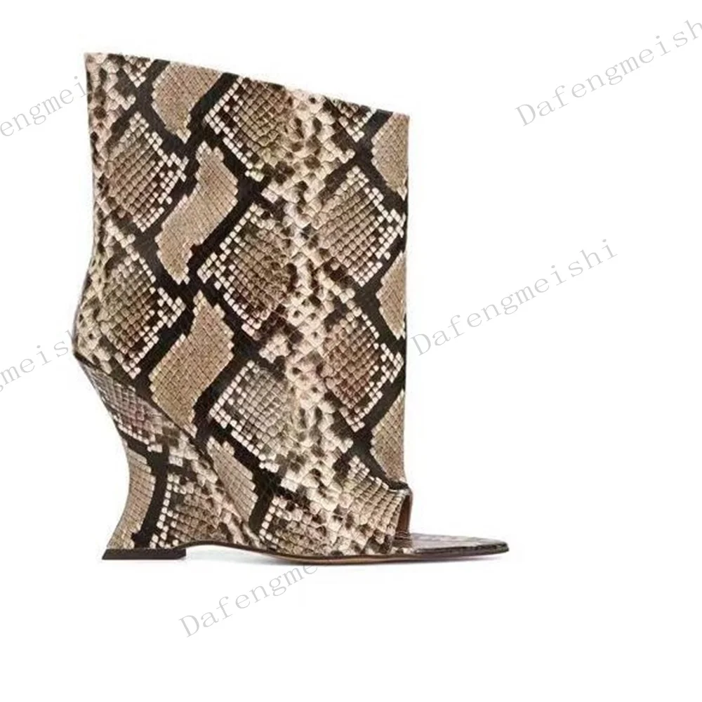 Women Snake Print Mid Calf Boots Pointed Toe Wedge Heel Strange Style Heel Open Toe Summer Cut Out Fashion Party Sandals Boots