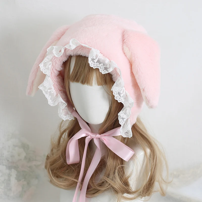 Japanese Style Sweet Fluffy Cute Lop-eared Rabbit Hat Lei Feng Hat Lace Lolita Earmuffs Cap All Match Plush Winter Warm Hat