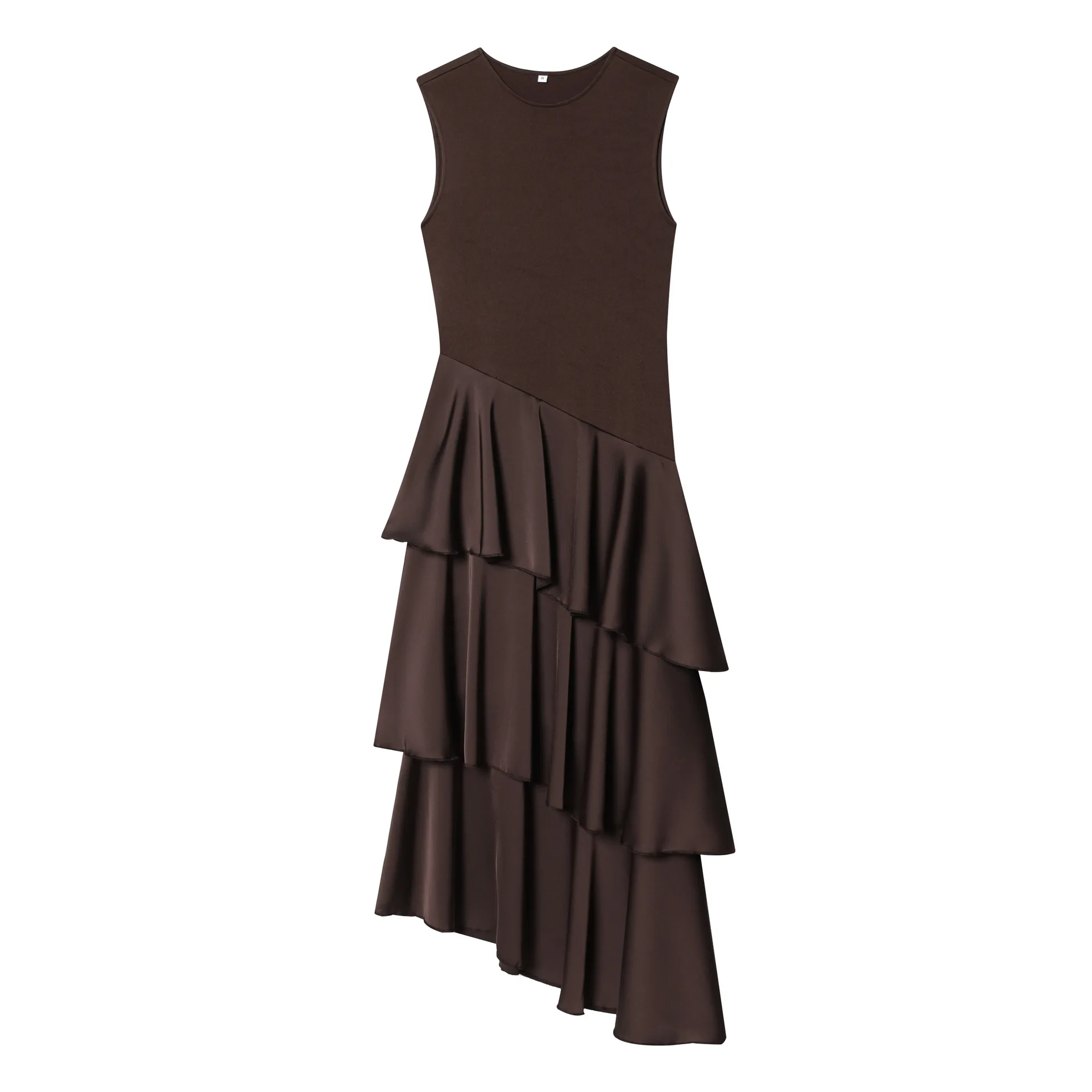 Modisches Damenkleid aus Satin mit Ärmellosem Design und Rüschensaum, Elegantes Patchwork-Partykleid in Langem Stil EHPW