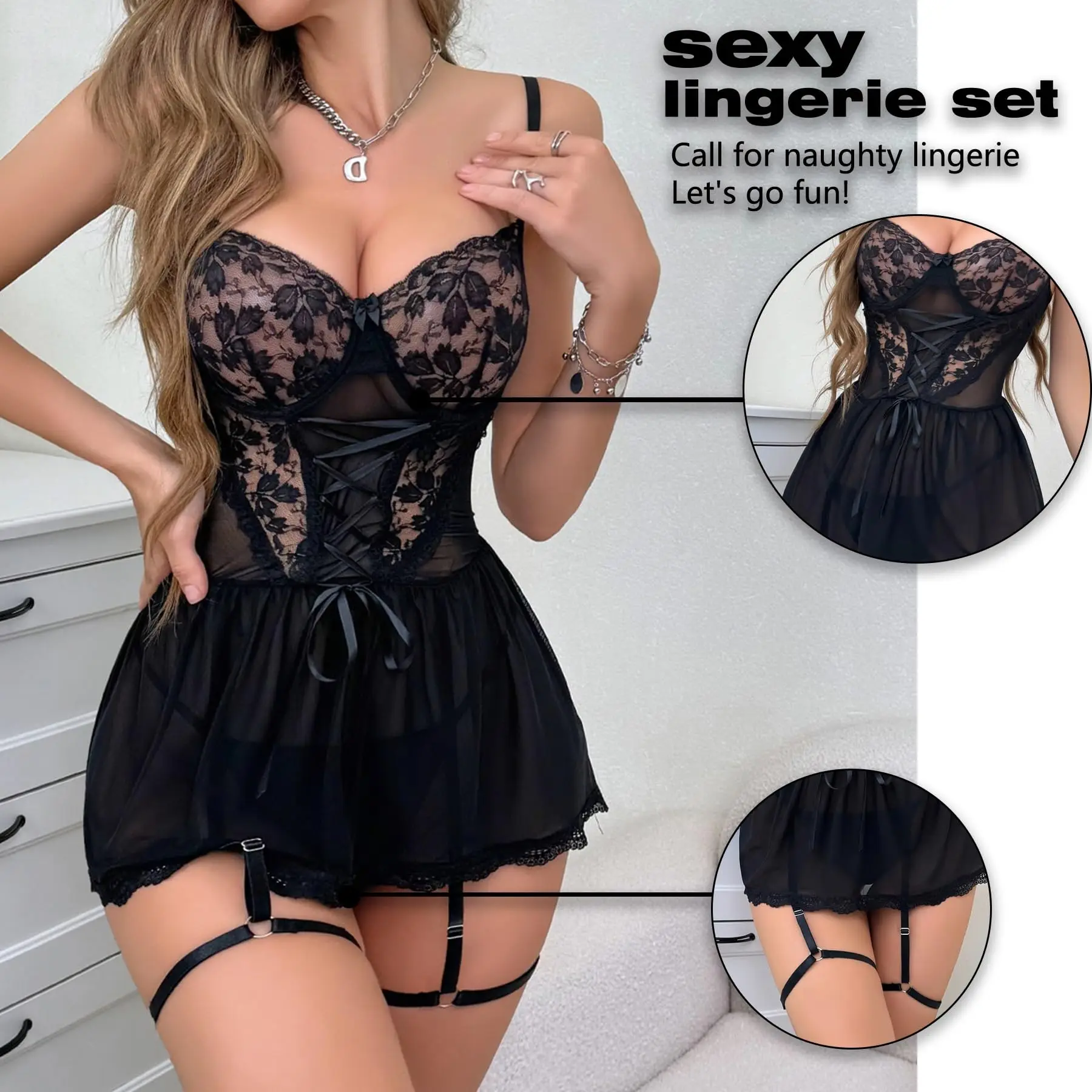 Contrast Lace Mesh Underwire Garter Lingerie Dress