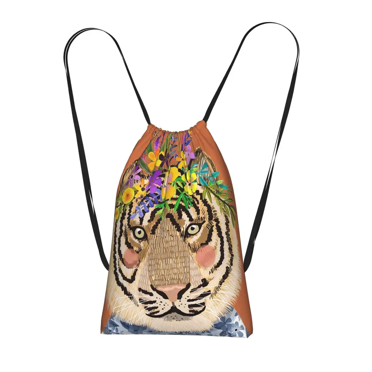 Tiger With Floral Wreath Backpacks Casual Drawstring Bags Sports Bag Book Bags for Travel School