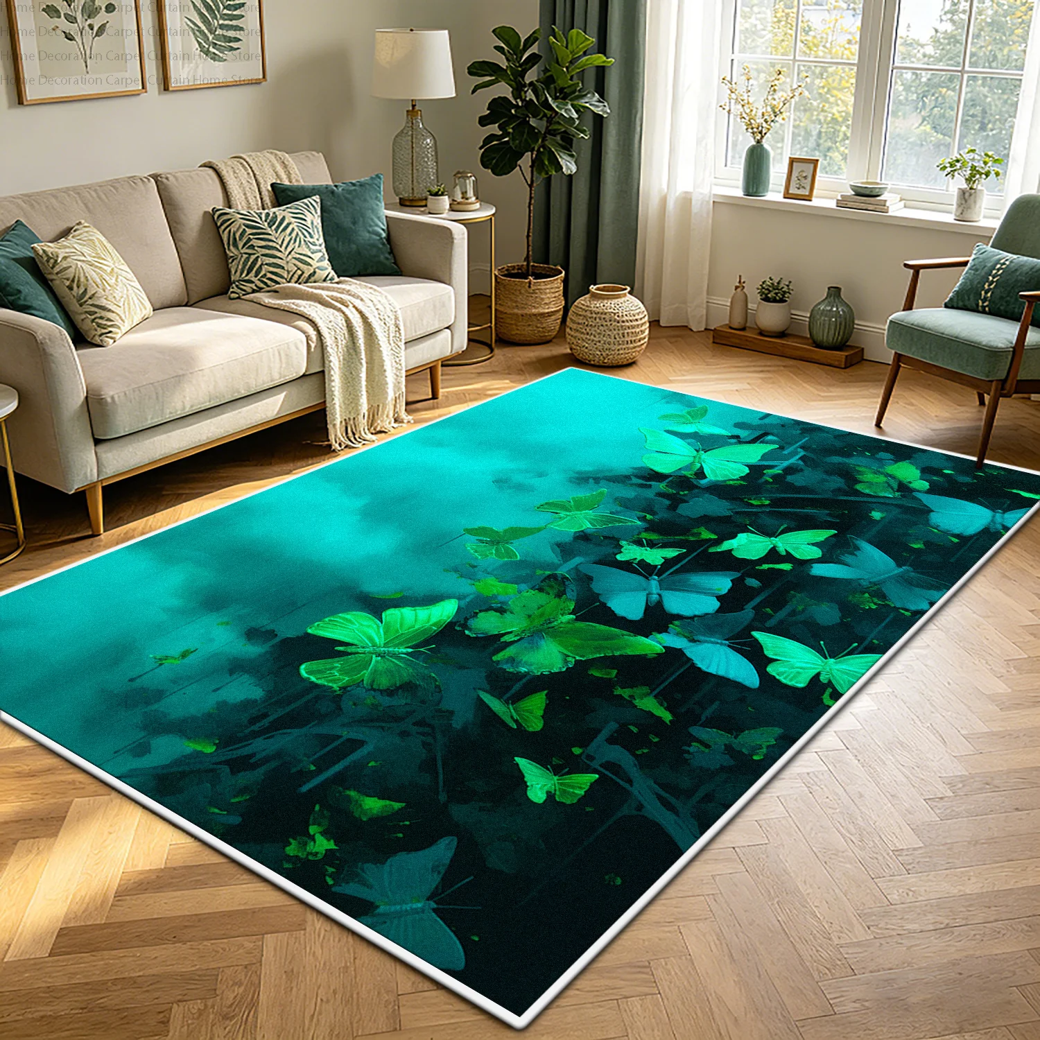Modern Teal Butterfly Abstract Carpet Non-slip Living Room Washable Bedroom Large Size Rugs Short Velvet Floor Mat Customizable
