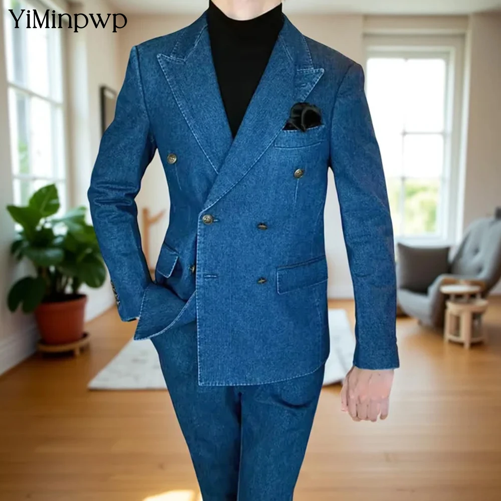 

YiMinpwp Blue Men's Suits Two-Piece Denim Business Slim Fit Formal Wedding Party Groom Office Double Buttons Suit Sizes XS-5XL