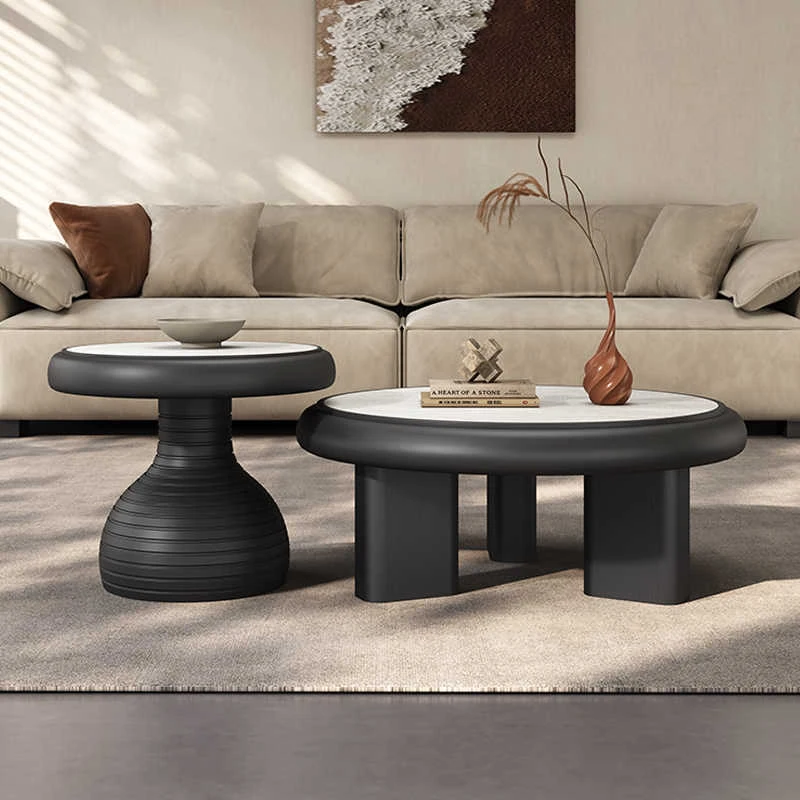 

Retro Italian Minimalist Round Coffee Table Set Living Room, Suitable For Small Spaces, Made Of Travertine And Rock Slab, Vi
