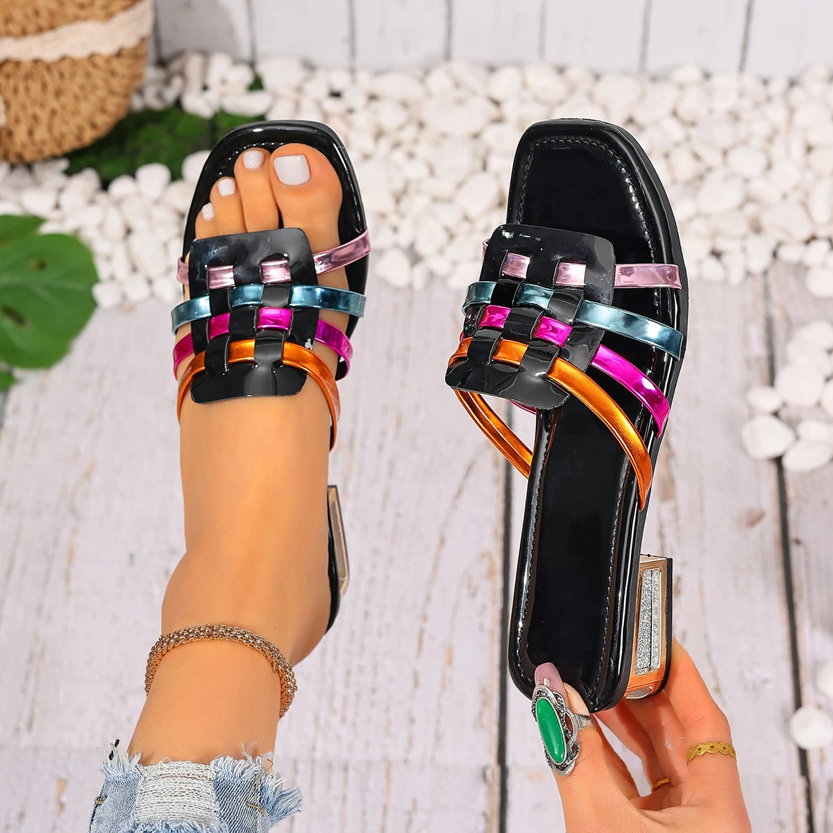2026 New Large Size Colorful Woven Casual Flat Bottom Slippers Women Toe Exposure Fashionable All-Match High Heel Sandals view 3