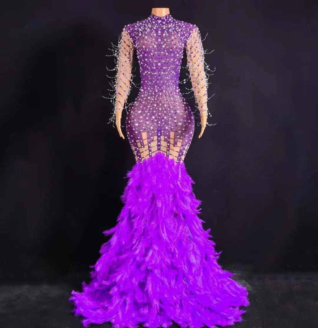 

Women Purple Sparkly Rhinestone Feather Singer Club Night Celebrity Long Dress Stage Birthday Stretch Queen Costume