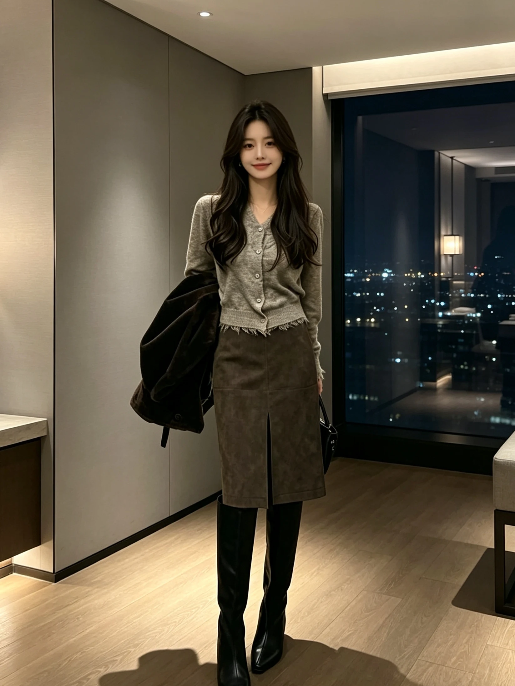 Elegant PU Leather Skirt Minimalist Design Half-length Women's Fashion Retro Coffee Color Slit Mid-length Straight-cut Skirt