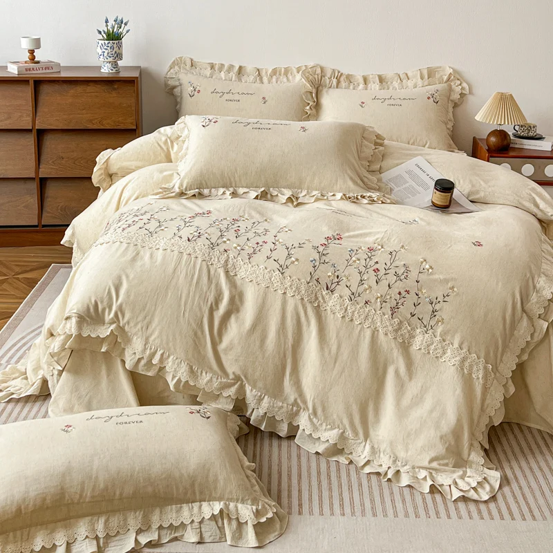 Luxury Linen-Cotton Flower Embroidery Lace Trim Bedding Set Duvet Cover Bed Sheet/Fitted Sheet Pillowcases 4Pcs