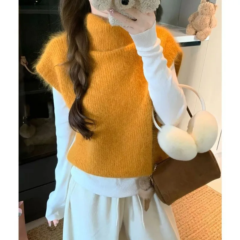 Turtleneck Knitted Vest Women Solid Simple Pink blue Fluffy Faux mink Fur Sleeveless Tops Korean Soft Plush Knitted Sweaters