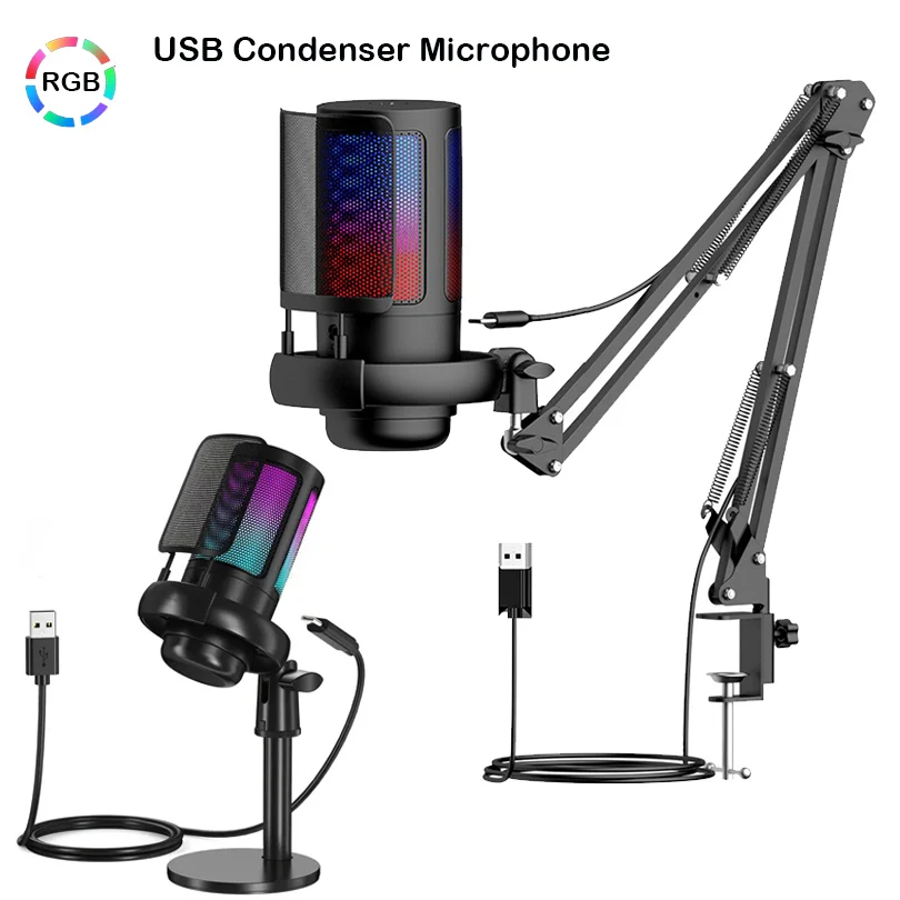 USB Microphone Professional Studio For Condenser Mic PC Streaming Gaming YouTube Video Singing Gaming Recording RGB Anti-Spray