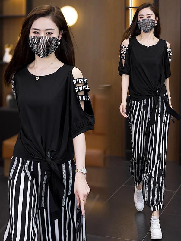 

Комплект повседневной спортивной одежды больших размеров: женский летний новый стильный топ с открытыми плечами и полосатые брюки, комплект из двух предметов в корейском стиле, свободный крой