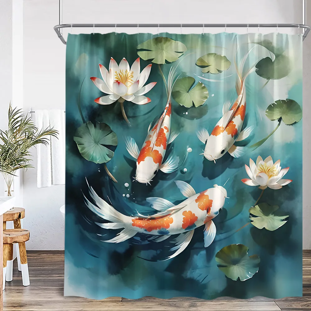 Koi Fish Oriental Watercolor Shower Curtain Asian Japanese Style Lotus Carp in Pond Ink Painting Bathtub Curtain Decor with Hook