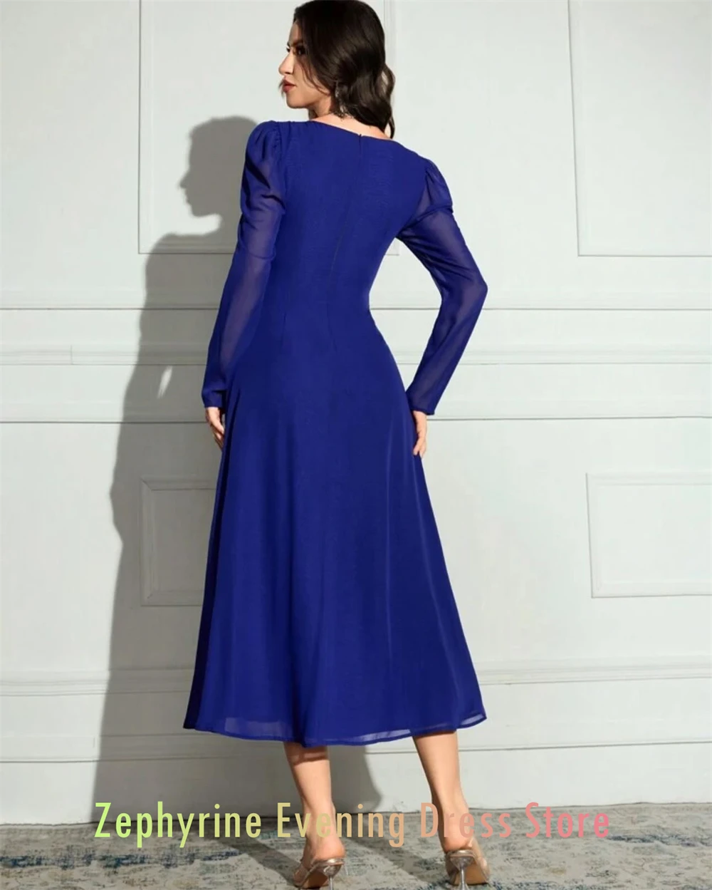 Robe de soirée en mousseline de soie bleue Simple personnalisée, col carré formel, manches longues, robes de soirée, robes d'occasion spéciale à la mode