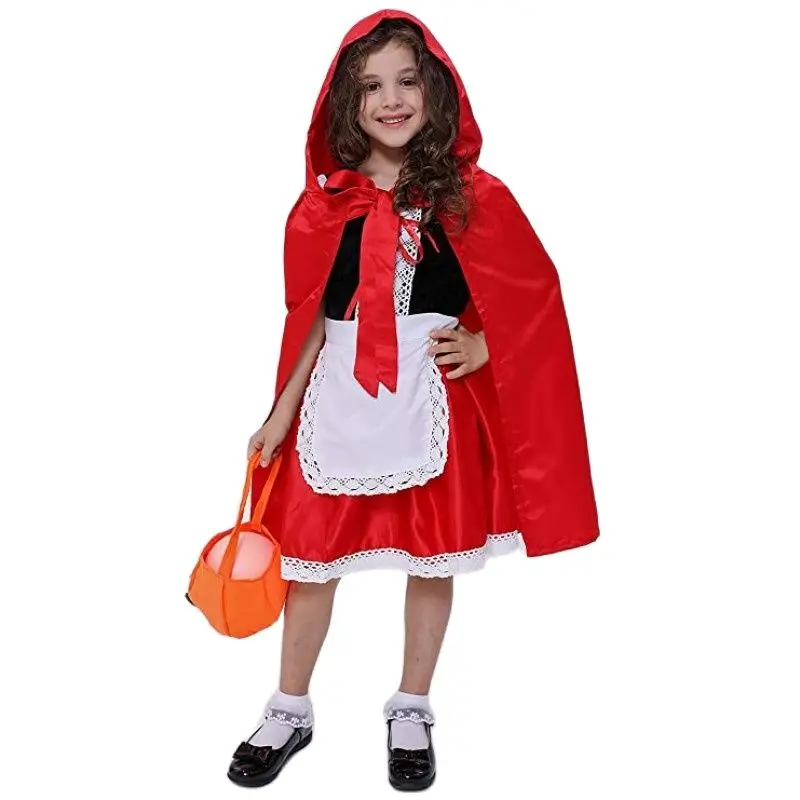 Girls Little Red Riding Hood Costume Dress Up Outfits with Cloak Headband Pumpkin Bag for Halloween Cosplay Costumes