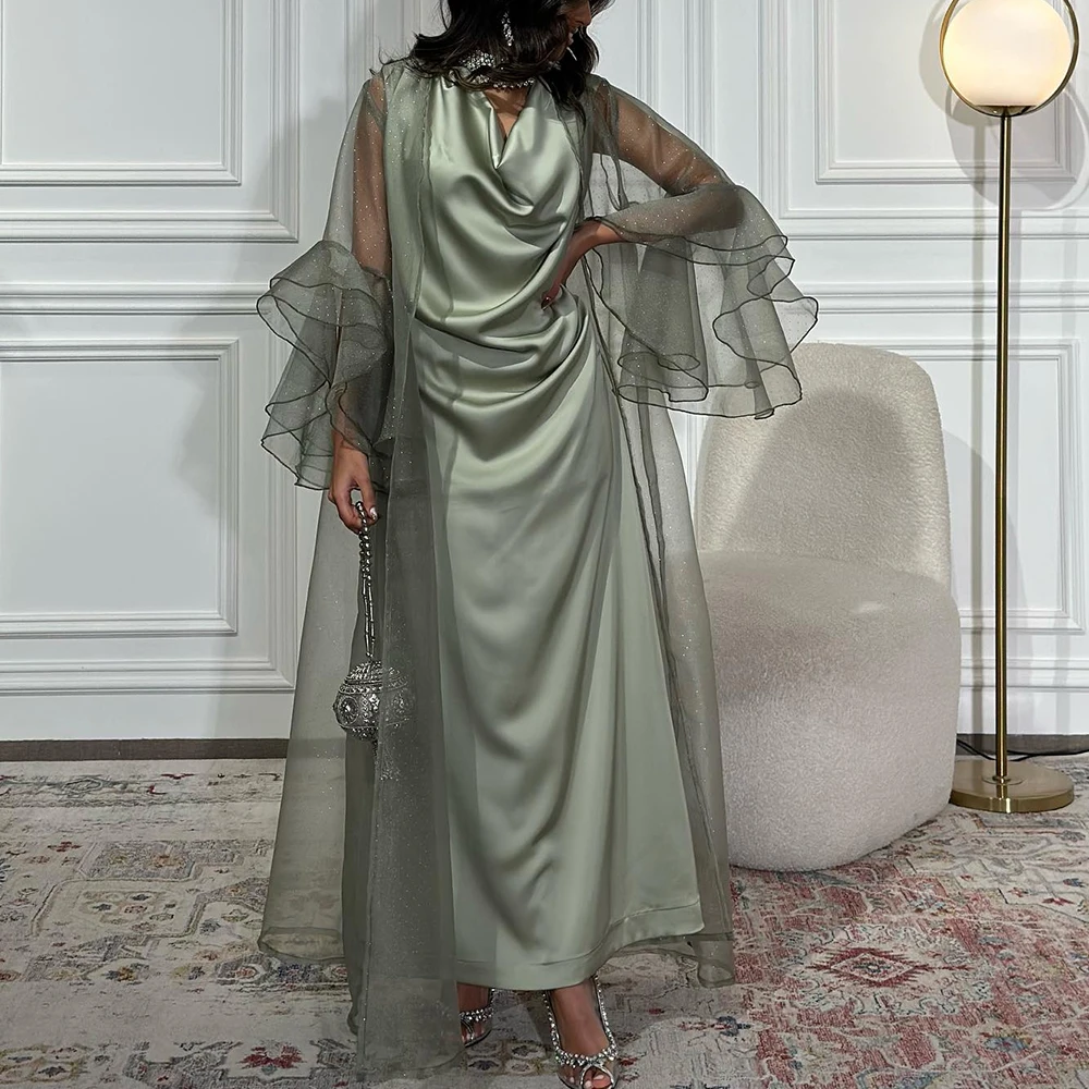 

Customized Delicate Satin A-Line Cap Sleeve Flare Sleeve Sequined Shawl Evening Dress V-Neck Watteau Train Cocktail Dress