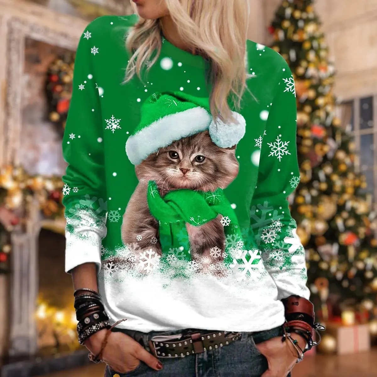 Christmas Women\'s Sweatshirt Cat Sportswear Holiday Print Christmas Casual Round Neck Long Sleeve Top Micro Stretch S-3XL