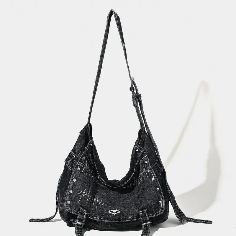 

Большая вместительная джинсовая сумка-тоут с заклепками, сумка через плечо для повседневного использования, осенне-зимний дизайн, винтажный стиль, повседневная, для поездок на работу