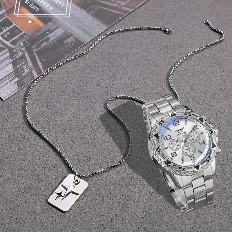남자 시계 세트 + 크로스 패션 캐주얼 스테인레스 스틸 3 다이얼 쿼츠 시계 아버지의 날 졸업 선물 세트
