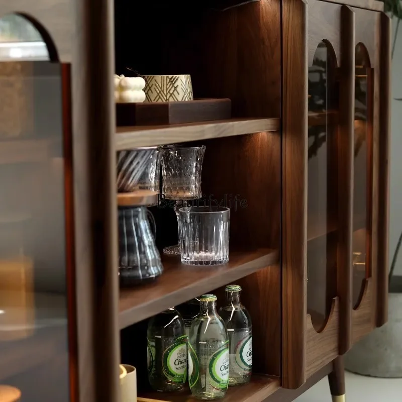 Black walnut dining side cabinet, integrated storage against the wall, medieval light luxury and high-end senseL