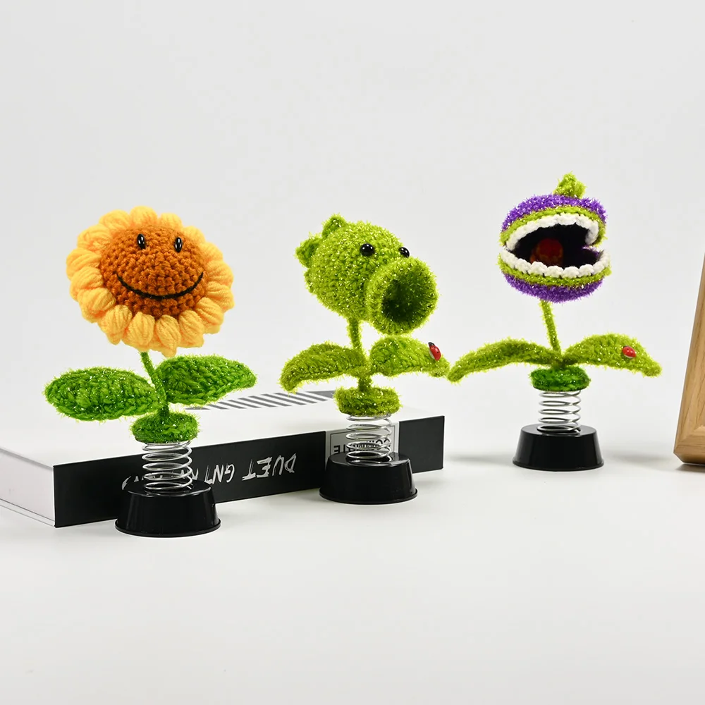 Handmade-Crocheted Pea/Cannibal Flower/Sunflower Potted Plant,Bobblehead With Spring,Office Desktop Decor,Car interior Ornaments