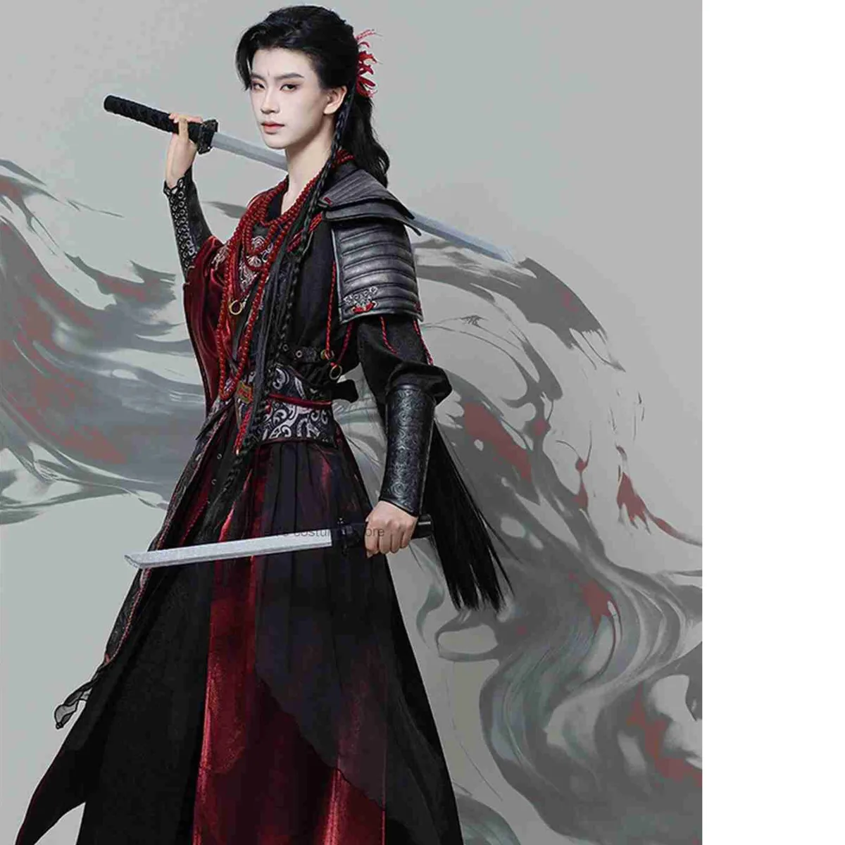 

Floral Poetic Style Martial-Arts-Inspired Youthful Hanfu Set With Cross-Collar Top And Horsehair Skirt