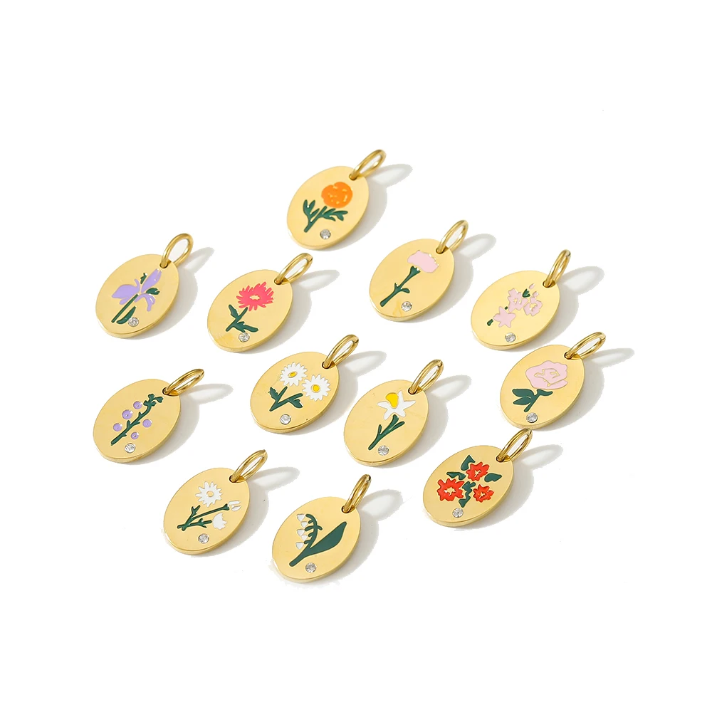 Simple Oval Pendant Stainless Steel Twelve Month Flower Collarbone Chain Vintage December Season Flower Necklace for Women