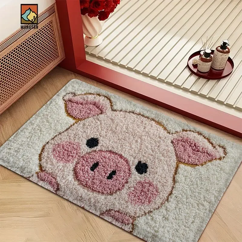 VIKAM Cartoon Pig Soft Fur Bath Floor Mat, Water Absorbing and Slip-Resistant Entrance Door Mat, Home Decoration