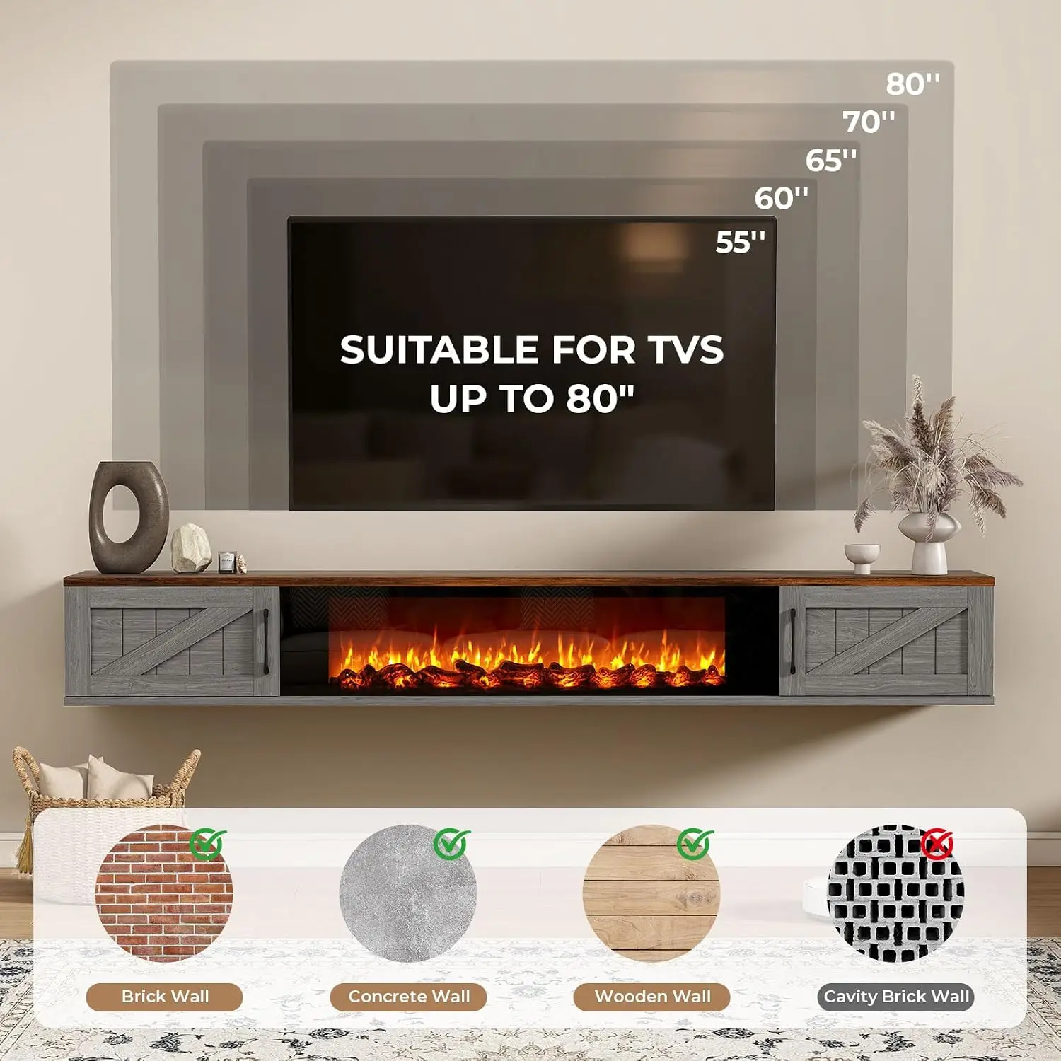 70" Wall Mounted TV Stand with 36" Fireplace for 80" TV, Farmhouse Entertainment Center Shelf Living Room Bedroom, Customized