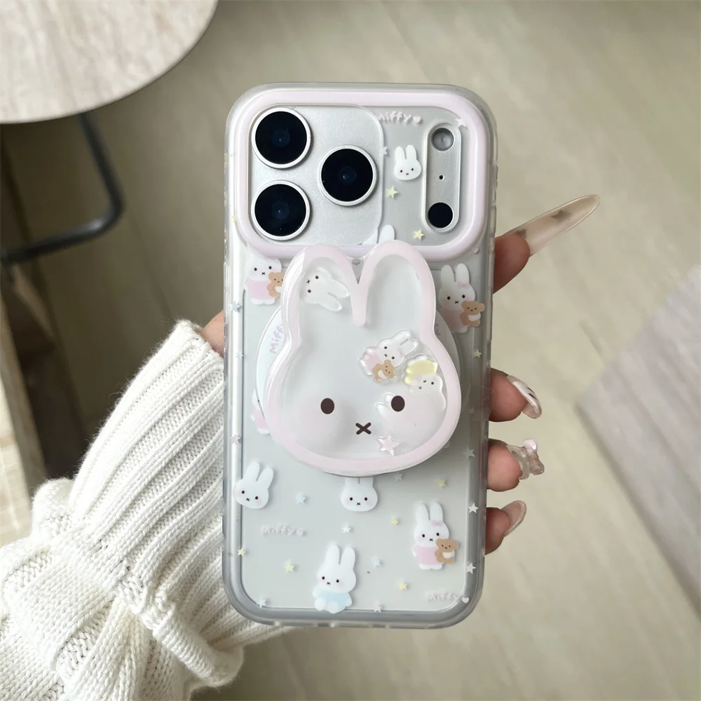 Korean INS Simple Star Rabbit Magnetic Stand Phone Case for iPhone 17 Pro 13 14 15 Pro Max 16 Cover Cute Cartoon Protective Cove